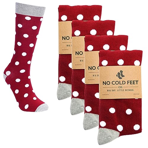No Cold Feet Fun Colorful Novelty Socks for Men for Dress Casual Formal Groomsmen Wedding, Burgundy with White Polka Dots, 4-Pack