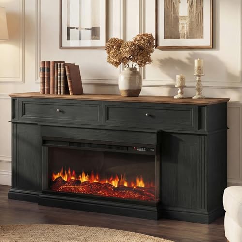 For Tvs Up To 70" With 36" 3-sided Electric Fireplace With Mantel, Modern Media Entertainment Center, Farmhouse Tv Console For Living Room With Drawers And Storage, Black