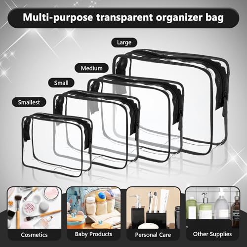 TSA-Approved Clear Cosmetic Bag, 4 Pcs Waterproof Clear Plastic Cosmetic Makeup Bags, Transparent Packing Organizer Storage Bags.Christmas Gift for Mother,Wife,Grilfriends(Black).2