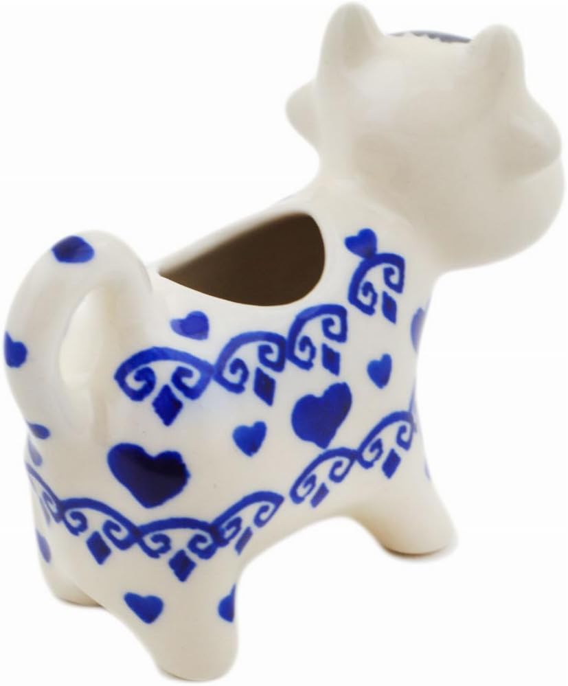 Polmedia Polish Pottery Cow Shaped Creamer - Blue Valentine Hearts Pattern Handmade in Boleslawiec Poland by Ceramika Bona + Certificate of Authenticity