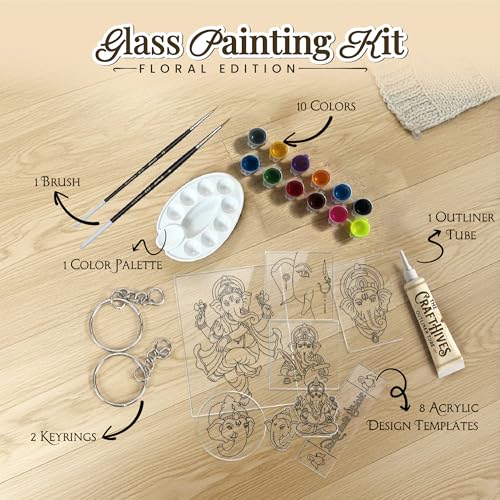 Image of The Crafthives Ganesha Glass Painting Kit | DIY Stained Glass Ganesh Art Set with Acrylic Frames, Colours, Brushes & Outliner | Creative Glass Painting Craft Kit for Kids Beginners Adults