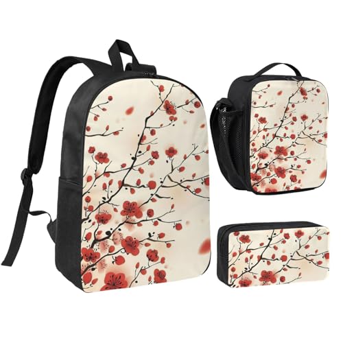 Sac à dos d'écolier motif floral japonais 3 pièces avec boîte déjeuné