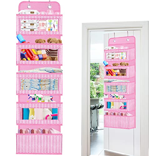 Veronly Over The Door Hanging Organizer With 5 Large Pockets - Wall Mount Pantry Storage With 2 Big Metal Hooks For Baby Girl’s Diapers Closet,Bathroom,Nursery,Bedroom,Dorm,Baby,Kids Toys (Pink) #TOP1