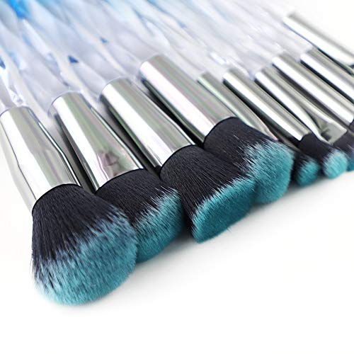 Crystal Makeup Brushes, Premium Synthetic Foundation Blending Blush Powder Eye Shadow Brush Sets with Blue Transparent Handle Special Make-up Tools 10 Count