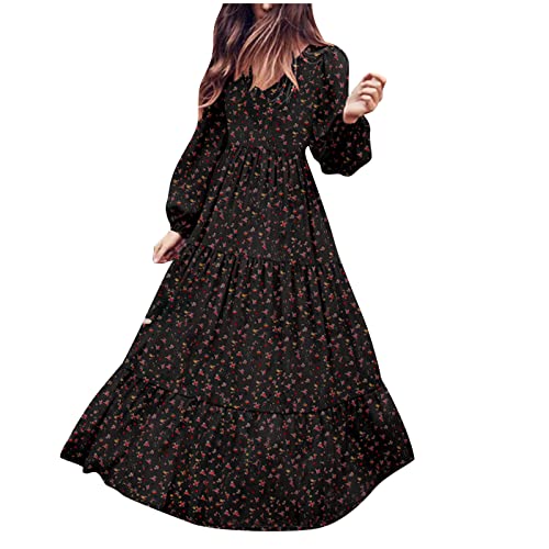 Maxi Dresses for Women UK Casual Floral Print Long Dress V Neck Long Sleeve Chiffon Dresses Ladies Elegant Pleated Dress Loose Fit Swing Party Dresses Black