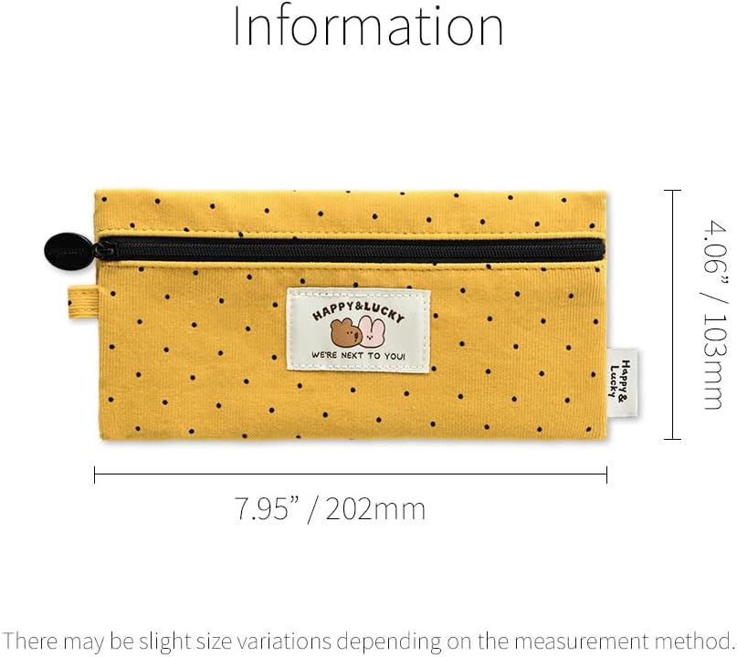 Monolike Happy and Lucky Candy Dot Pencil Case, Yellow - Slim Corduroy Style Cotton Pen Pouch, Cute Aesthetic Pastel Stationery Organizer for Office image 2