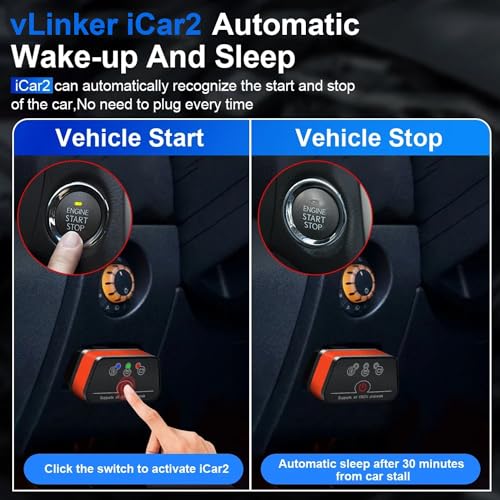 Vgate iCar2 BLE 4.0 OBD2 Bluetooth Adapter ELM327 Scanner Kfz-Diagnosewerkzeuge Motorsystem-Diagnosewerkzeuge für Android/iOS (Schwarz/Orange)