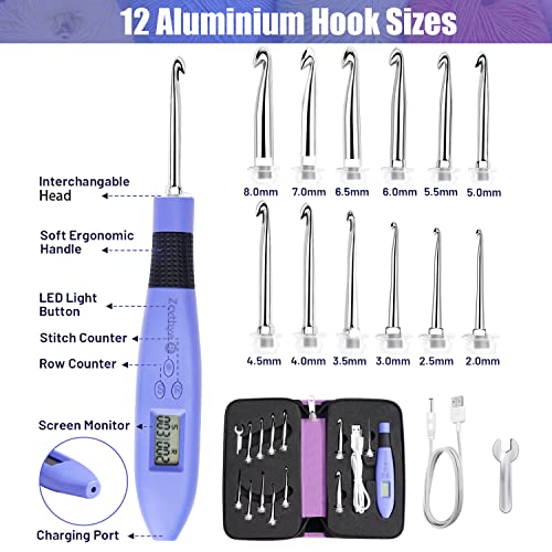 Image of Light Up Crochet Hook Set with 12 Sizes, Lighted Everything Counting Kit | Digital stitch & row counter, dual ergonomic handles, reinforced connection, bag, organizer and 1-year warranty