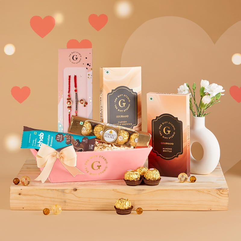 THE GIFT STUDIO.COM | Tray of Treats Bhaiya Bhabhi Rakhi Hamper | Meenakari Rakhi Lumba Set, Ferrero Rocher, Phab Bar & Gourmet Treats | Raksha Bandhan Gift-image-40