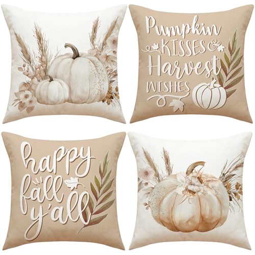 Herbst Kissenbezüge 45x45 4er Set Kissenbezug Herbst Kürbis kissenhülle Herbst Leinen Kissenbezug 45x45 für Bauernhaus Thanksgiving Halloween Bettwäsche Wohnzimmer Herbst Dekoration