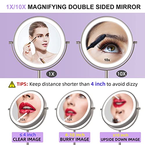 Lovespejo Lighted Makeup Mirror With Magnification, 1X 10X Magnifying Mirror With Light, Rechargeable 8'' Hd Double Sided Tabletop Vanity Mirror, 3 Color Led Dimmable Desk Lit Cosmetic Mirror #TOP3