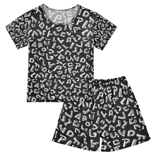 ALAZA Alphabet Black White Pajamas Set Short Sleeve Cotton Sleepwear Summer Pjs 2 Piece 5-14Y