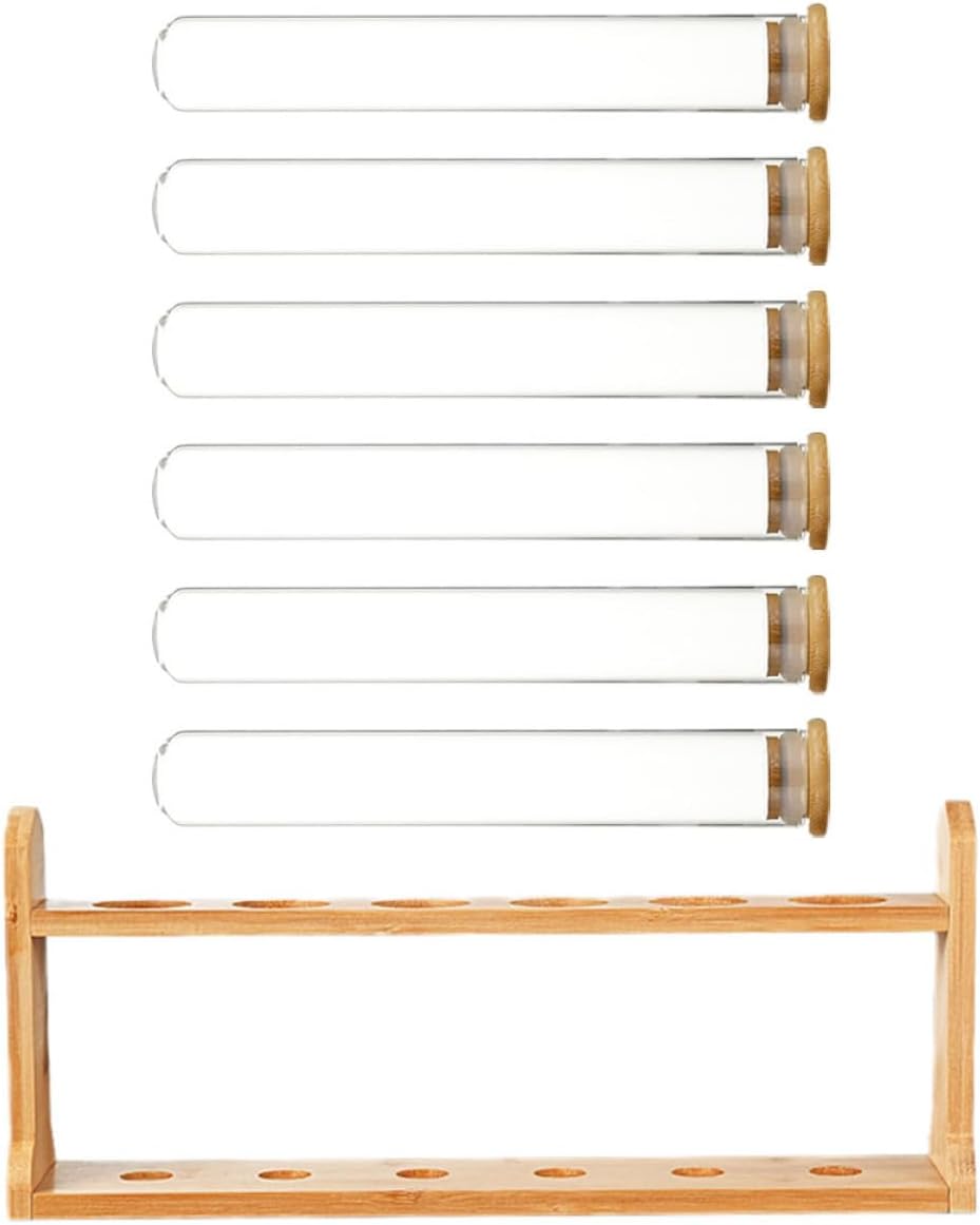 Coffee Bean Storage Tubes Set with Wooden Stand 6 Glass Coffee Bean Jars for Airtight Storage and Display Suitable for Kitchen Organization