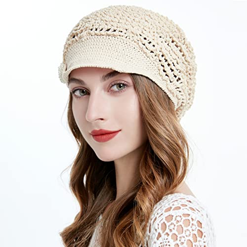 Zlyc Women Summer Slouchy Crochet Hat Handmade Cutout Knit Skull Cap With Visor (Solid Beige) #TOP2