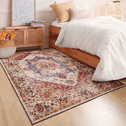 Yj.gwl Boho Area Rug 3X5, Persian Washable Entryway Rug, Soft Oriental Distressed Accent Rugs For Bedroom Living Room Entrance Kitchen, Non-Slip Non-Shedding Low-Pile Floor Carpet Doormat, Orange #TOP7