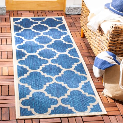 SAFAVIEH Washable Rug Outdoor Courtyard Collection - 2'3" x 6'7" Runner, Navy & Beige, Non-Shedding & Easy Cleaning, Ideal for Patio, Entryway, Mudroom, Hallway, Kitchen (CY6243-268)