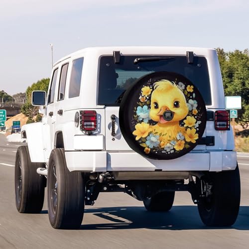 Image of Yellow Little Duck with Floral Wreath Spare Tire Cover with Backup Camera Hole Wheel Tire Cover Fit Trailer, RV, SUV and Many Vehicle 17inch