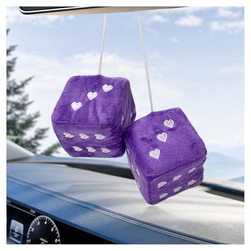 Fkewp Pair Fuzzy Plush Dice for Car Mirror, 2.75" Retro Square Soft Dice Cute Ornament with Heart Pattern, Universal Plush Rearview Mirror Hanging Decoration for Women Men (Purple)
