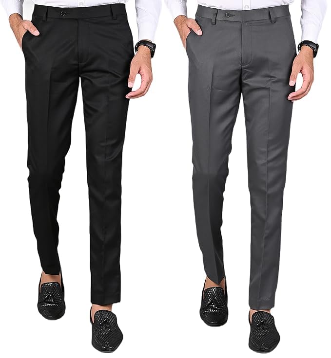 Men's Slim Fit Formal Trousers, Pack of 2, Black & Grey-picture-47