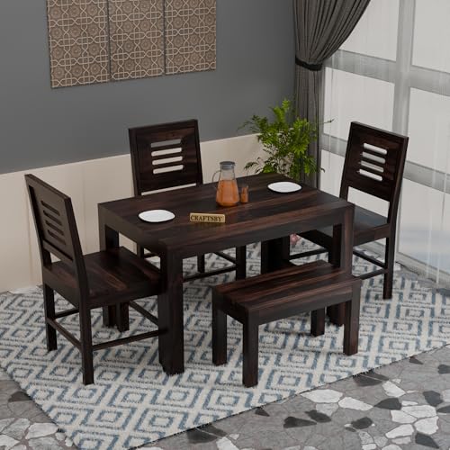 Image of 45 Inch Length Solid Sheesham Wood 4 Seater Dining Table Set | Four Seater Dinner Table with 3 Chairs & 1 Bench | Dinning Table Set 4 Seater for Living Room | Walnut Finish