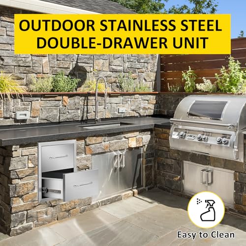 Image of Outdoor Kitchen Drawers 14 inch W x 15 inch H x 23 inch D Flush Mount Double BBQ Drawers with Chrome Handle Stainless Steel Drawer for Outdoor Kitchen Island, Patio Grill Station