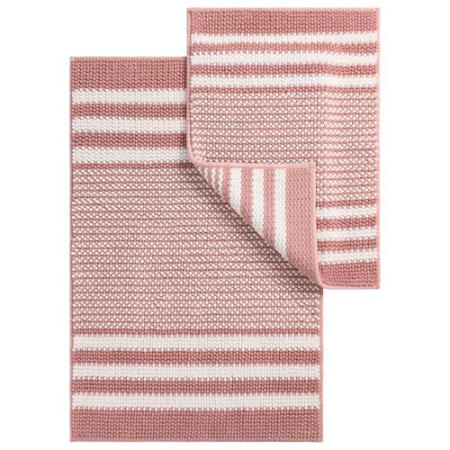 Bathroom Rugs Set 2 Piece, Extra Soft and Absorbent Fluffy Striped Chenille Bath Mat Rug Set, Non Slip Bathroom Floor Mat, Machine Washable (24" x 35" Plus 16" x 24", Pink)