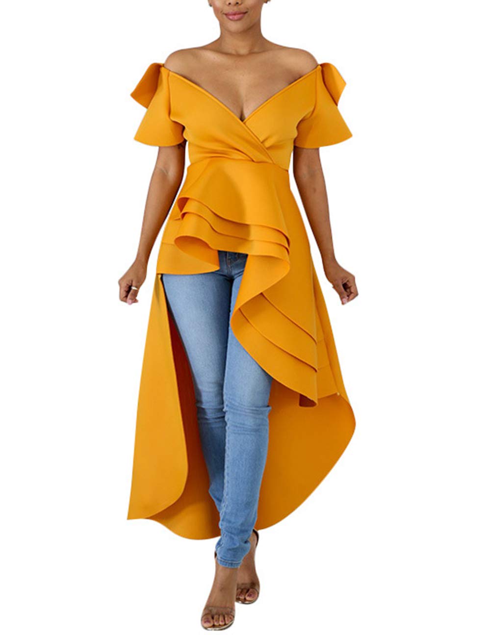 katblink High Low Tops for Women - Elegant Ruffle Sleeve Asymmetrical Bodycon Blouse Shirt Dress