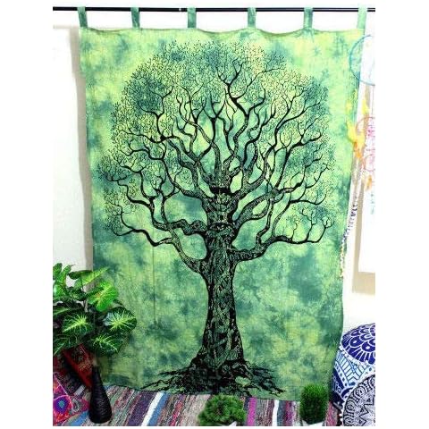 GDONLINE Panther Green Tree of Life Mandala Curtain Handmade Mandala Curtains Tapestry Drapes & Valances Window Treatment Cotton Window Door Curtains 82 X 54 Inch Cover