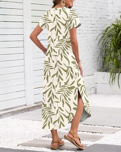 Image of MISFAY Women's Summer Maxi Dress 2026 Casual Short Sleeves V Neck Loose Sundress Split Long Beach T Shirt Dress