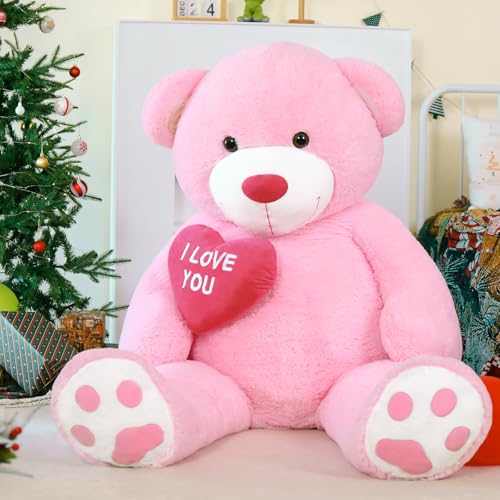 MorisMos 130cm Teddybär groß XXL mit Herz I Love You, Rosa riesen Teddys, großer Bär Kuscheltier XXL, Kinder Mädchen Freundin Frauen Mutter