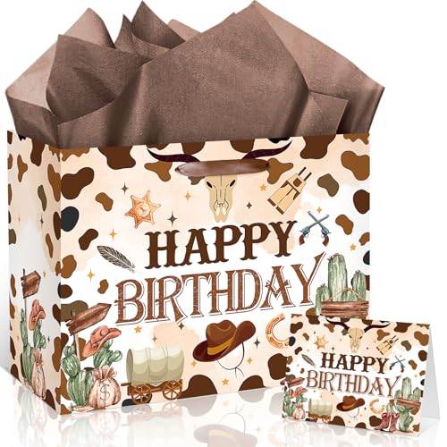 TagreSpike 13" Western Birthday Gift Bag for Boys, Cowboy Happy Birthday Gift Bag with Tissue Paper and Greeting Card Brown Boots Wild West Western Wrapping Paper for Cowboy Bday Party Decorations