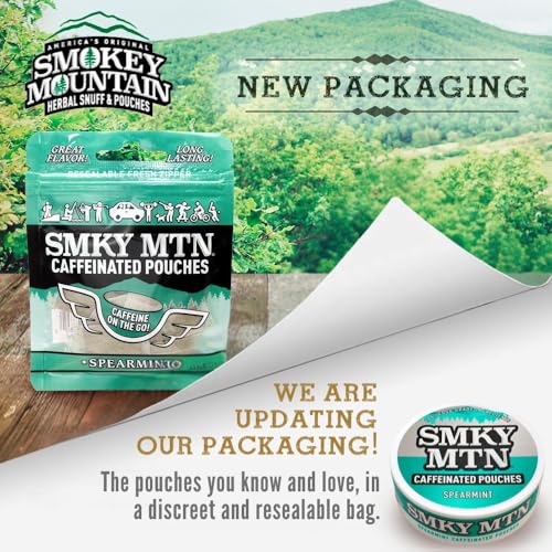 Image of SMOKEY MOUNTAIN Caffeinated Pouches - Spearmint - Tobacco Free and Nicotine Free - 15 Pouches Per Pack - 5 Packs
