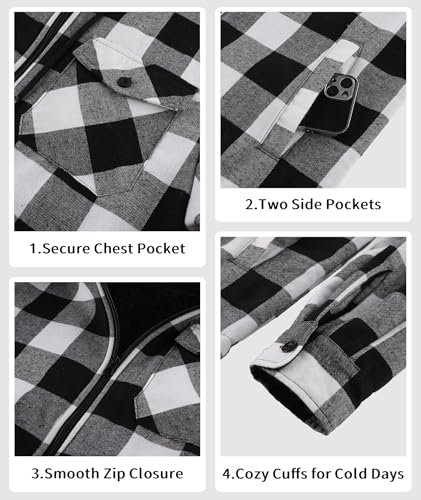 Image of V VALANCH Men's Sherpa Lined Flannel Jacket with Hood - Zip Up Plaid Shirt Jacket Winter Outdoor Warm Outerwear Fleece Coat