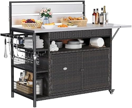 YITAHOME XL Outdoor Kitchen Wicker Island Rolling Cart & Storage ...