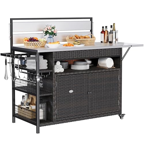 YITAHOME XL Outdoor Kitchen Wicker Island Rolling Cart & Storage Cabinet, Wheels and Stainless Steel Extended Table Top, Side Handle for Patio Kitchen or Bar Cart, Dark Brown by YITAHOME - Used condition - US$216.20