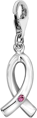 Quiges Pink Ribbon 3D Clip On Charm Pendant with Cubic Zirconia Silver Plated Womens Jewellery