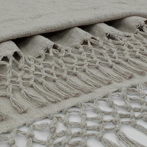 Image of HAKAM Cotton Throw Blanket with Macrame Tassels for 3 Seater Sofa | Ideal for Your Home, Living Room, Sofa, Bed, Chair, Picnic & Used for Gift - 50X70 inch (Dark Biege, Small Single)