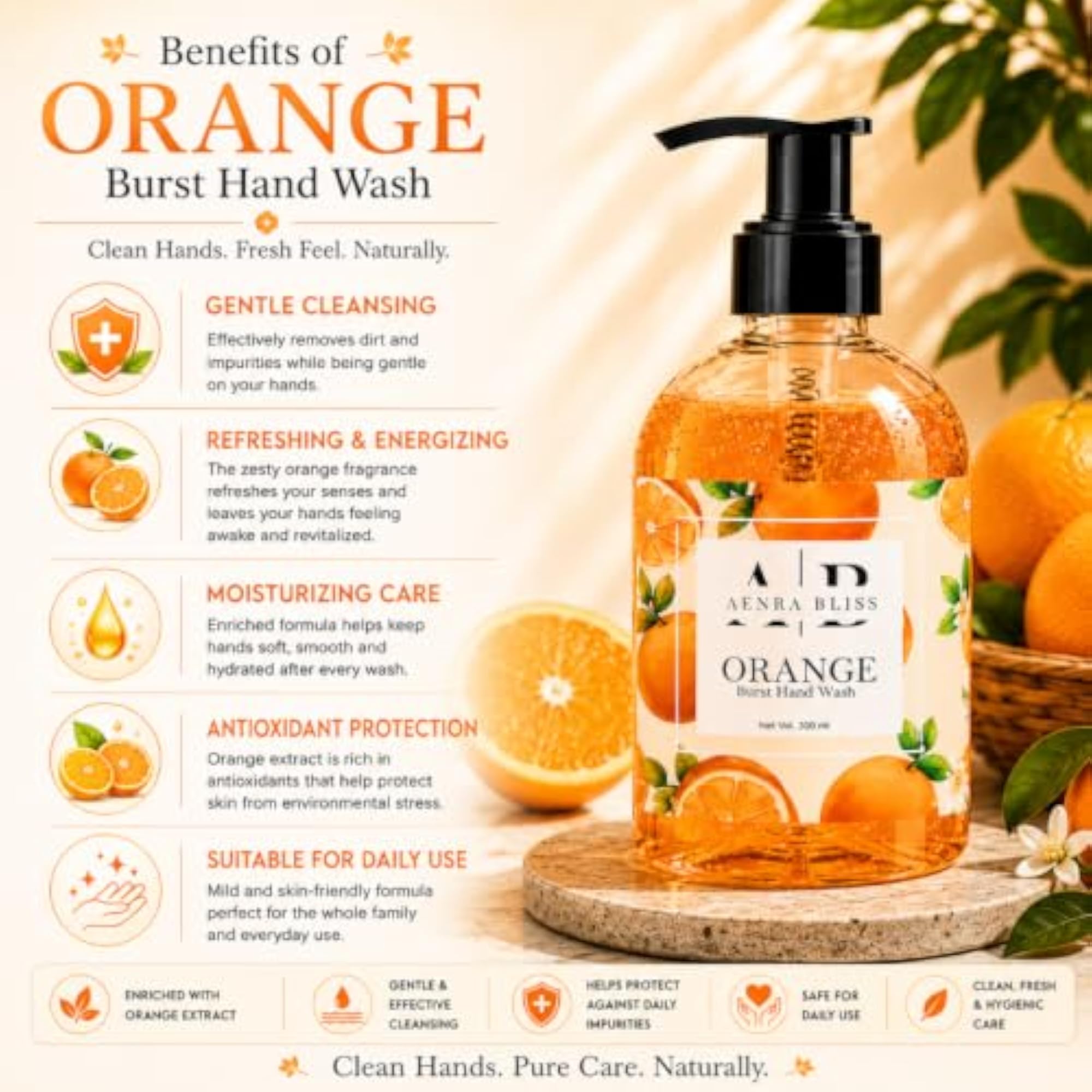 Orange Hand Wash, Liquid Hand Wash, Gentle Cleansing, 300ml