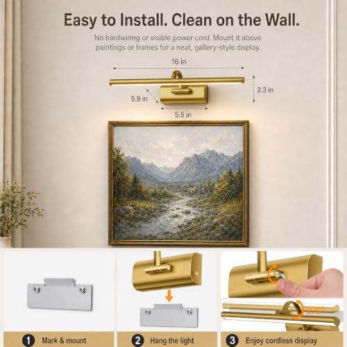 Image of AIFEI Picture Lights for Wall: Rechargeable, True-to-Life Colors, 16 inch Gold