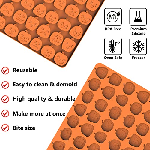 Halloween Candy Mold, Silicone Molds With 60 Mini Pumpkin Cavity, Trick Or Treat Molds For Halloween, Food Grade Halloween Mold For Making Chocolate/Biscuit/Gummy/Cookie/Jelly With Baking Scraper #TOP5