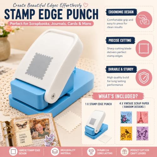 Image of 2.5x2 Cm Big Stamp Punch for Arts Crafts Scrapbooking DIY Projects (Free Scrap Sheets) | Postage Stamp Shape Paper Cutter for Journaling, Gift Tags, Photo Decoration, Card Making Supplies (White)