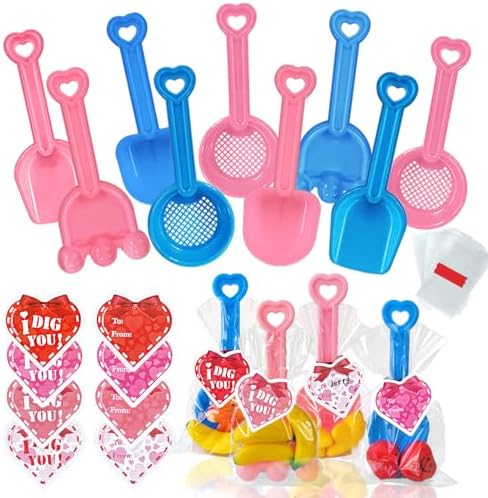 Fvcisshhu 28Set Valentine Plastic Shovels Toy for Kids,Valentines Shovel with I Dig You Cards Candy Bags Ties for Valentine's Party Favors Classroom Exchange Prizes Gifts,4 Styles