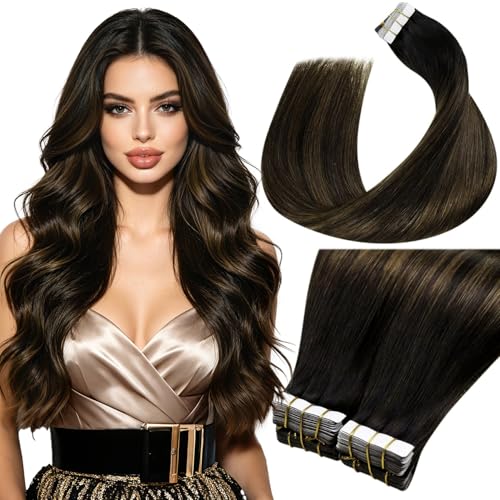 Image of LaaVoo Tape in Hair Extensions 24 Inch Hair Extensions Real Human Hair Tape in Balayage Ombre Dark Brown to Light Brown 40pcs 100g