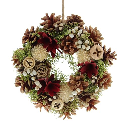 Festive Productions 18cm Green Christmas Wreath – Red Flowers, Natural Pinecones and Gold Bells - Christmas Decoration, Perfect for Doors, Christmas Trees and Home - Decorative Wreath