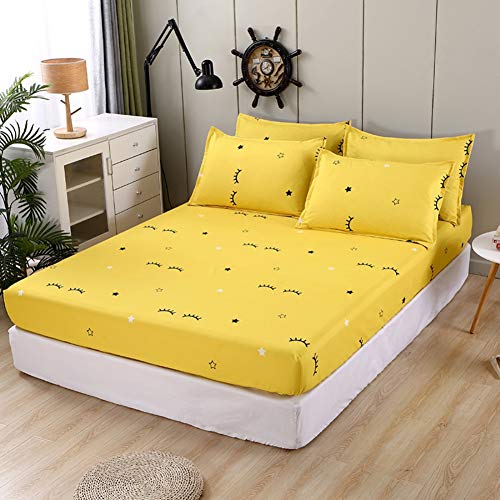 Feelyou Cartoon Eyelash Stars Bed Sheet Set Queen Size Girls Boys Decorative Yellow Reversible Bedding Set for Kids Adults Fitted Sheet Microfiber Polyester Bed Cover with 2 Pillow Case