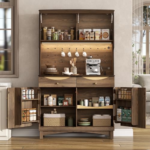 Image of STO'SENSE 72'' Kitchen Pantry Cabinet w /Power Outlets, Tall Storage Cabinet w /LED Light, FILP-up Door & Pegboard, Freestanding Kitchen Hutch w /Drawers, Solid Wood Handles (Walnut)