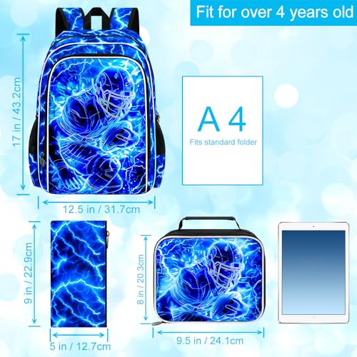 Image of 3Pcs Football Backpack for Boy, 17 inch Lightning Bookbag for Elementary Preschool Kindergarten, Kids School Backpacks with Lunch Box (Blue)