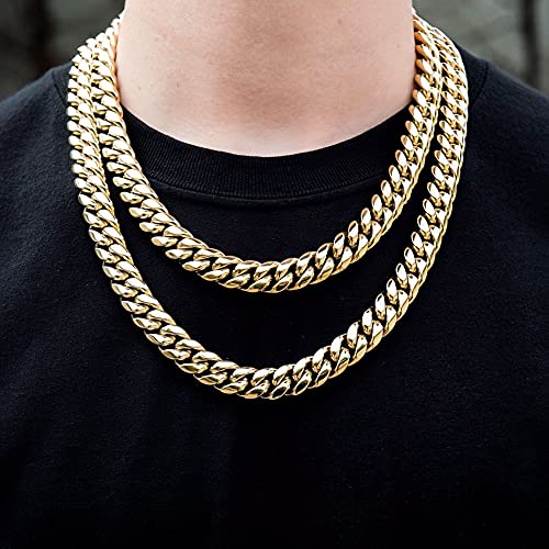 Zsllzm Mens Miami Cuban Link Chain 14K Real Gold Plated Chain For Men Solid Stainless Steel Necklace Hip Hop Jewelry 10Mm/12Mm/14Mm,18-30 Inches (22'', 14K Gold Plated-10Mm) #TOP3