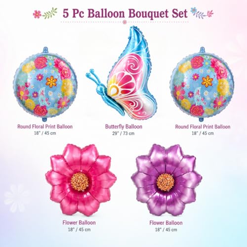 Image of Wanna Party Butterfly & Flowers Foil Balloon Bouquet Set of 5 | Butterfly Theme Helium Supported Balloons for Birthday Party Decoration, Cake Table Setup & Celebration Backdrop