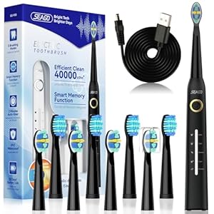 Seago Electric Toothbrush, Rechargeable Toothbrush for Adults Sensitive Teeth, 8 Brush Heads, 5 Modes with Teeth Whitening, Endurance 30 Days, Kids Electric Toothbrushes 6-12, SG-958(Black)